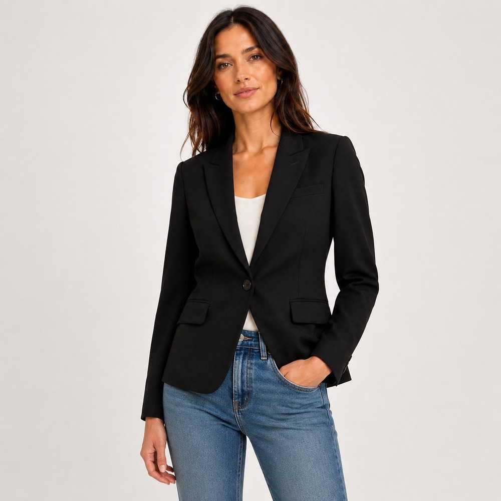 Theory Admiral Crepe Blazer Womens 2 Black Single Button Peak Lapel Tailored
